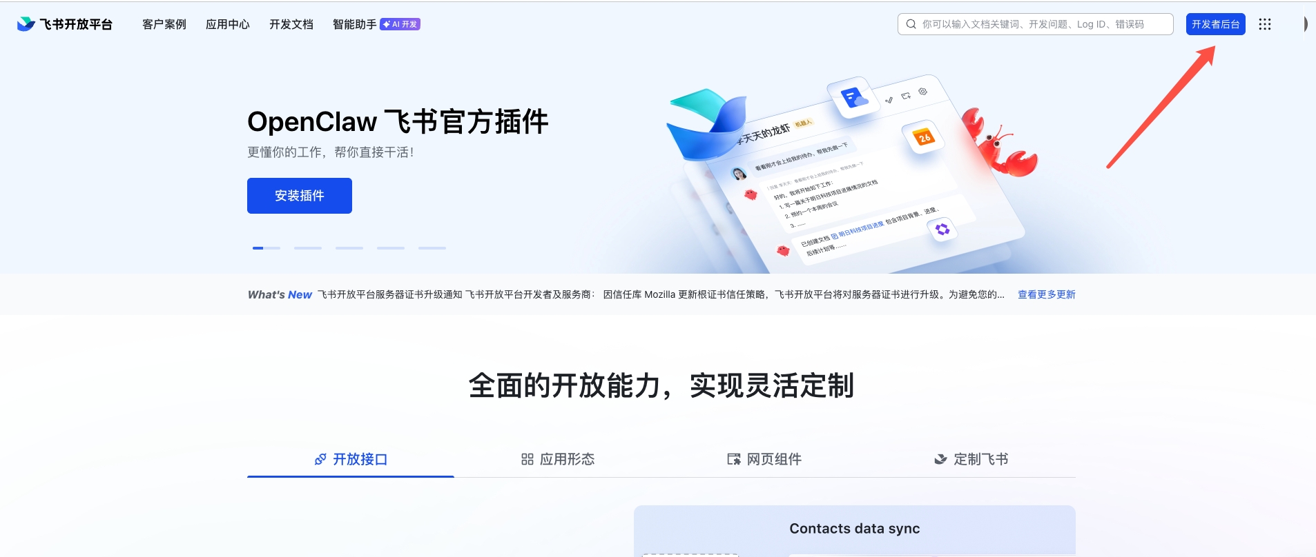打开飞书开放平台，点击右上角「开发者后台」